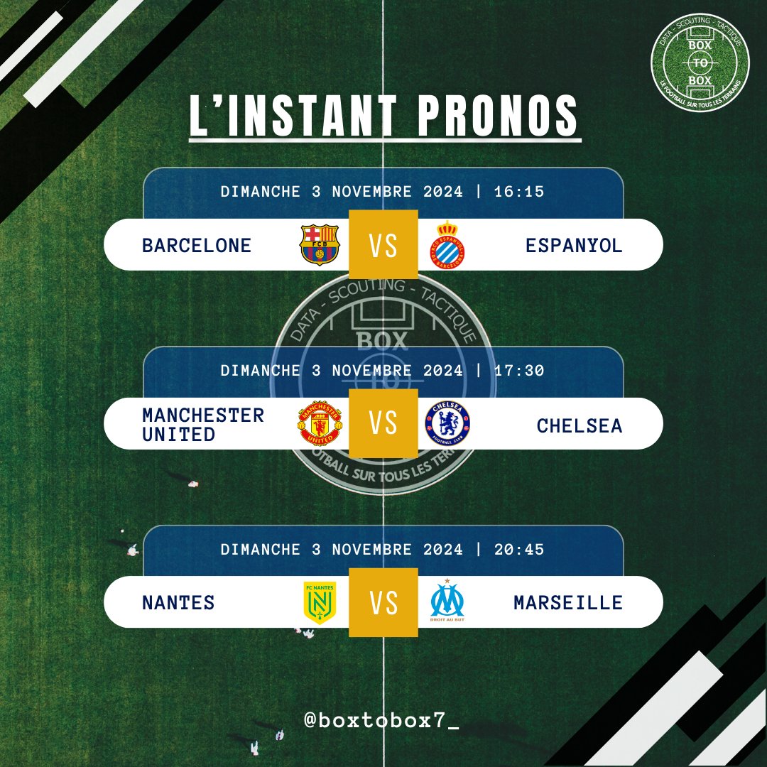 💥 L'Instant Pronos 💥

Encore un beau programme en ce dimanche !

Qui pour nous faire le 3/3 dans les commentaires ?

#FCBESP #MUFC #CFC #FCNOM #TeamOM