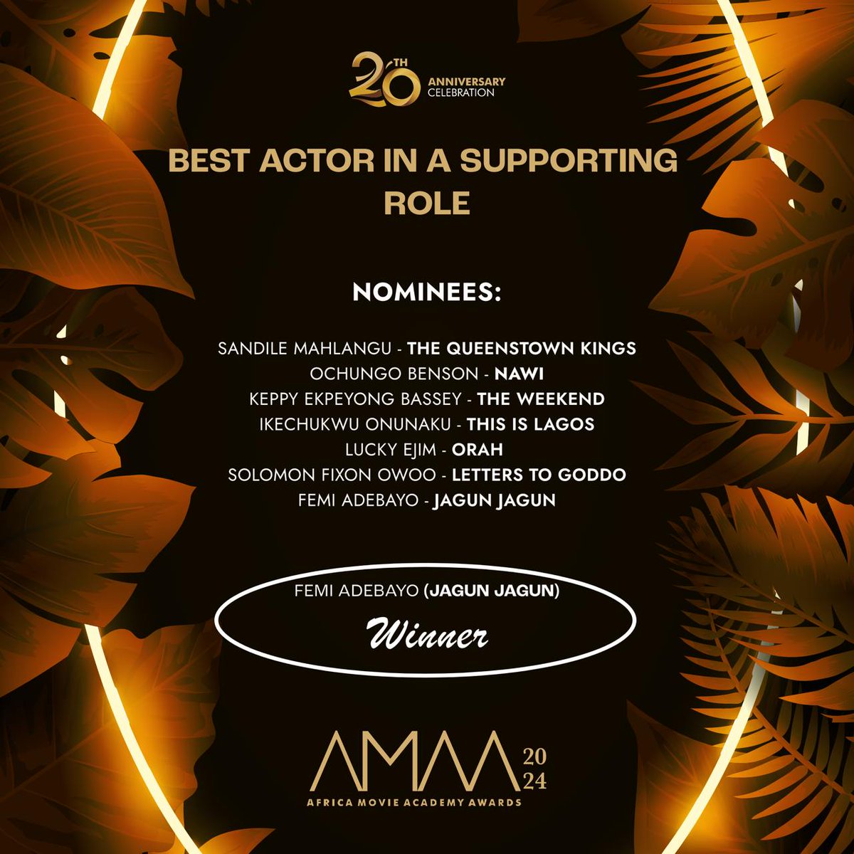 WINNER OF THE #20thAMAAwards AWARD FOR BEST ACTOR IN A SUPPORTING ROLE

#AMAATurns20