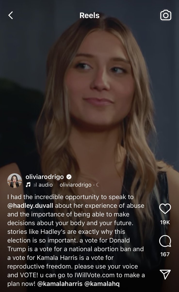 Rachel Janfaza (@racheljanfaza) on Twitter photo Tonight <a href="/oliviarodrigo/">Olivia Rodrigo</a> posted a reel with Hadley Duvall to her 38.2 million followers, writing in the caption that a vote for Harris “is a vote for reproductive freedom.” Tonight <a href="/oliviarodrigo/">Olivia Rodrigo</a> posted a reel with Hadley Duvall to her 38.2 million followers, writing in the caption that a vote for Harris “is a vote for reproductive freedom.”