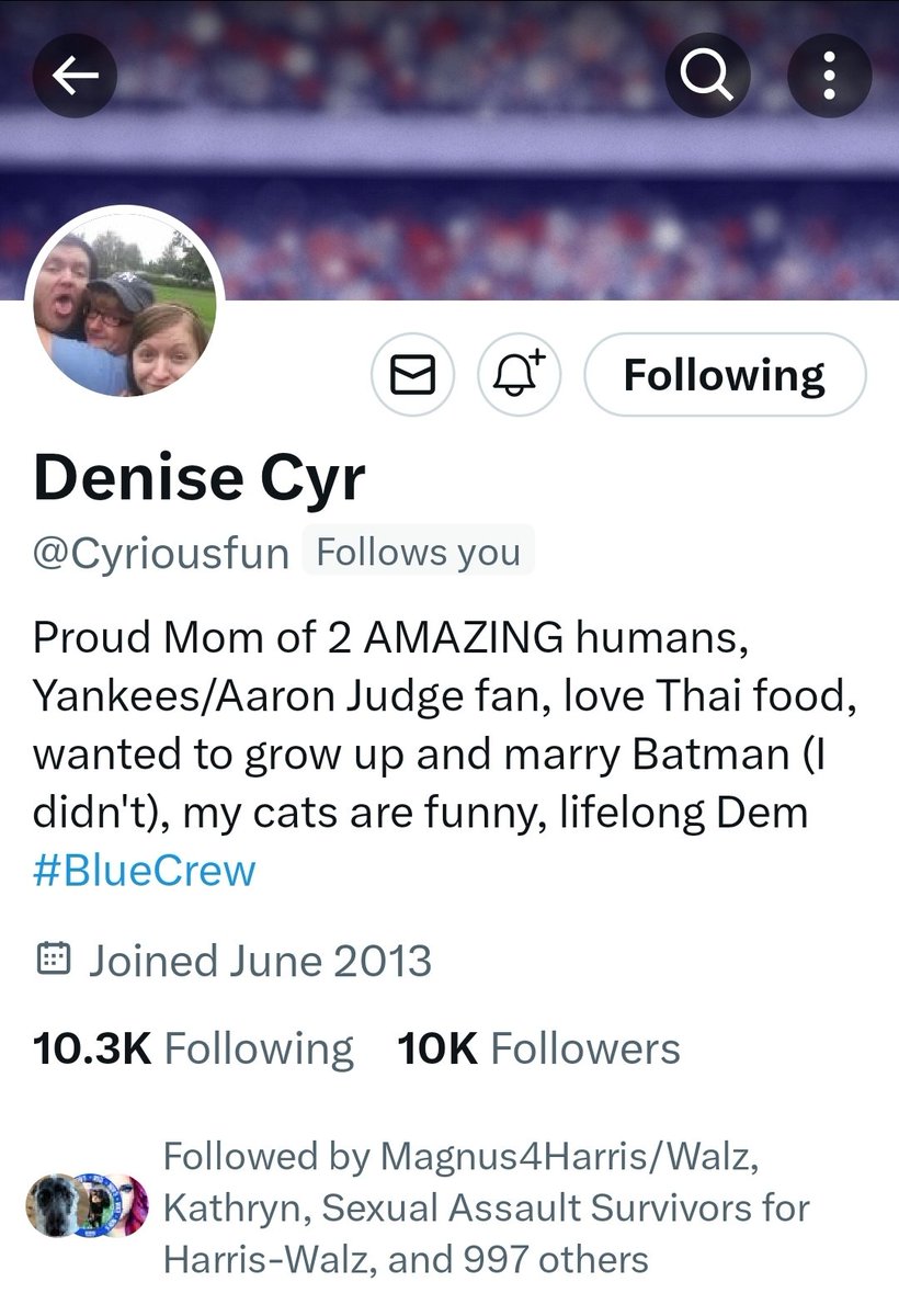 Dababa2024's tweet photo. Denise @Cyriousfun is a like-minded member of our community. Creating new connections is paramount nowadays. Check out the attached X's bio and say 👋 and consider giving a 👣.
Also, like and retweet to increase visibility of the post.
#StrongTogether #VoteBlueDownBallotInNov24 https://t.co/I2JRLTECfb