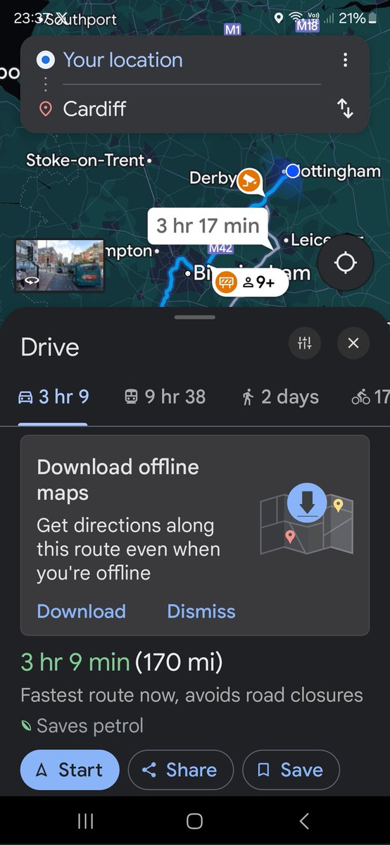 Oh look. Just over 3 hours.
You , could if you need go another way  and it'll. Take 3 hrs 15 mins.
Or there's another way that would take 3 hours 40.
