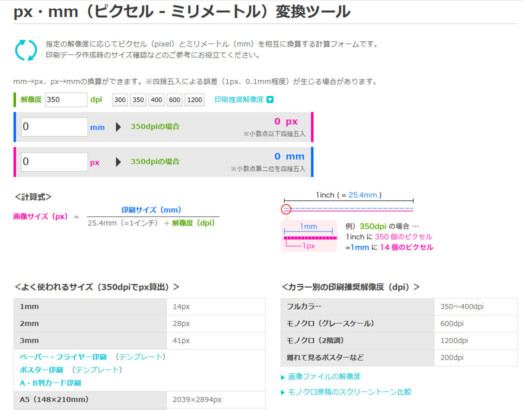 kobayas_s's tweet photo. 印刷データを作る時、画像を350dpiの解像度にするだけでなくpxをmmに変換して耐えられるか確認しないといけないんだけど、グラフィックさんのこの変換ツールがめっちゃ分かりやすいので重宝している。
A4、B5などよく使うサイズの表まで載ってるのよ…！ https://t.co/JMrogxTDsZ