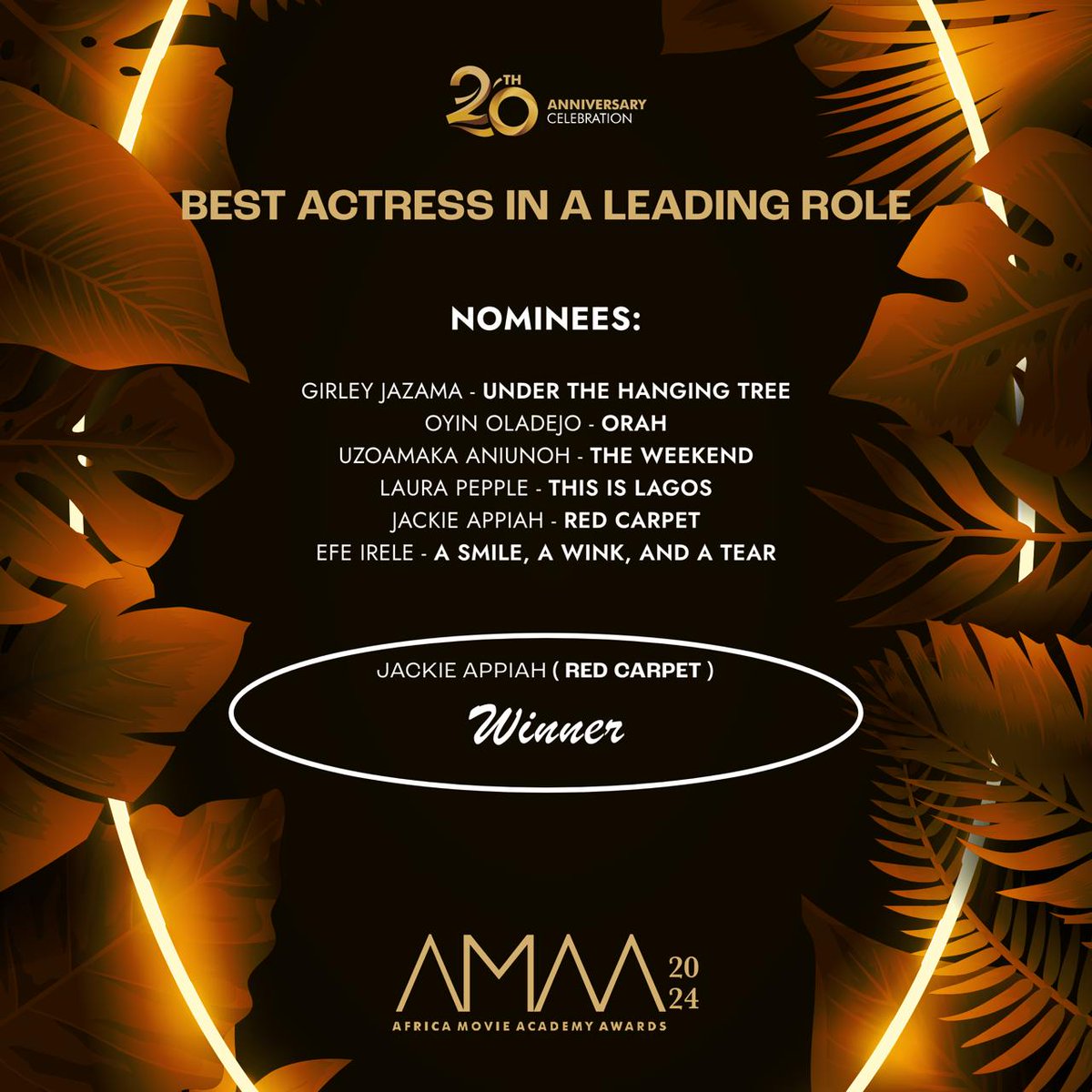 WINNER OF THE #20thAMAAwards AWARD FOR BEST ACTRESS IN A LEADING ROLE 

#AMAATurns20