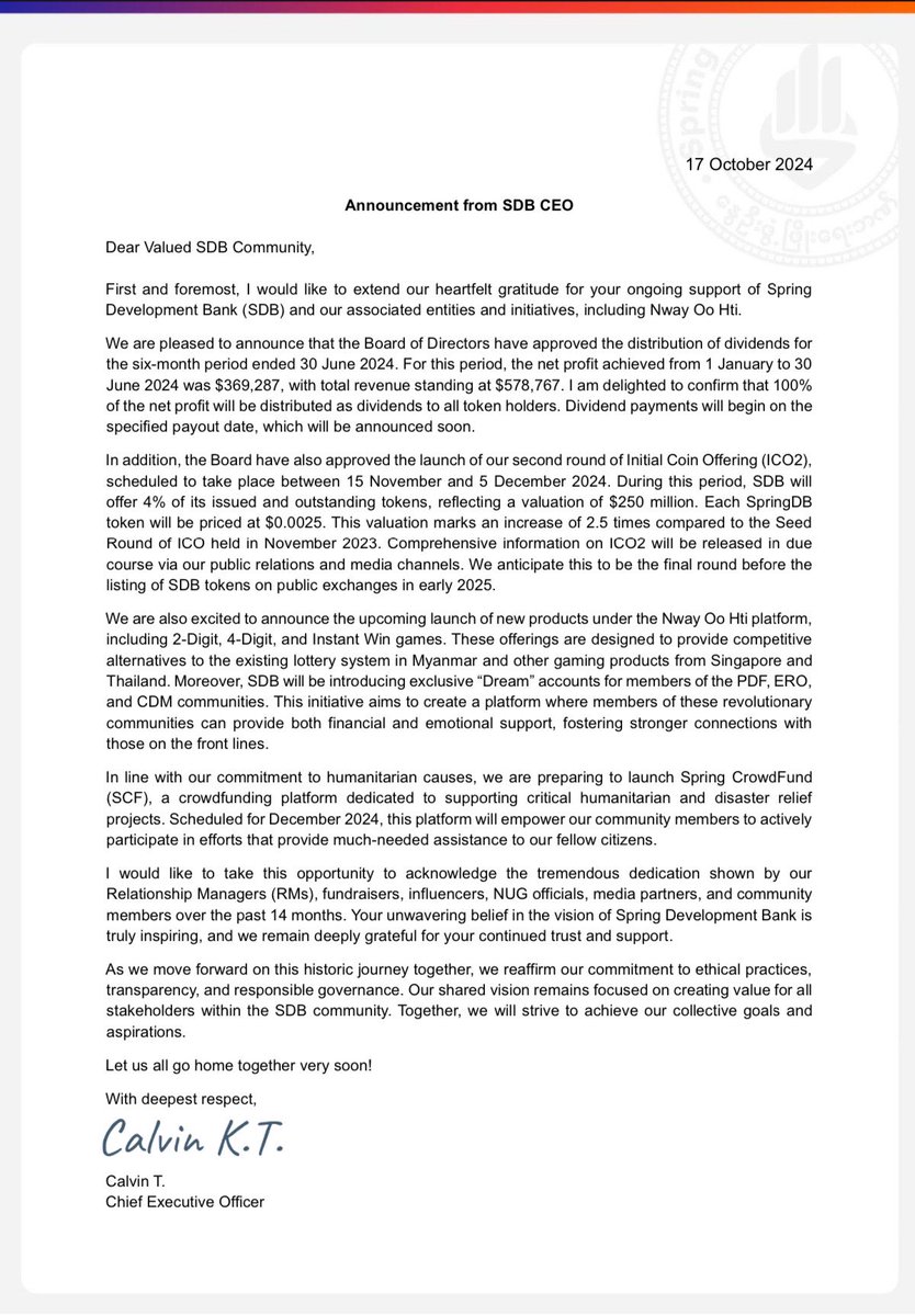 M2K5TH25's tweet image. SDB announces 100% dividend payout & ICO2 in Nov! 🚀
New Nway Oo Hti games & Dream accounts for PDF/ERO/CDM.
Plus, Spring CrowdFund for humanitarian efforts in Dec.
Thank you for your ongoing support!
#SpringDevelopmentBank #ICO2 #SDBCommunity