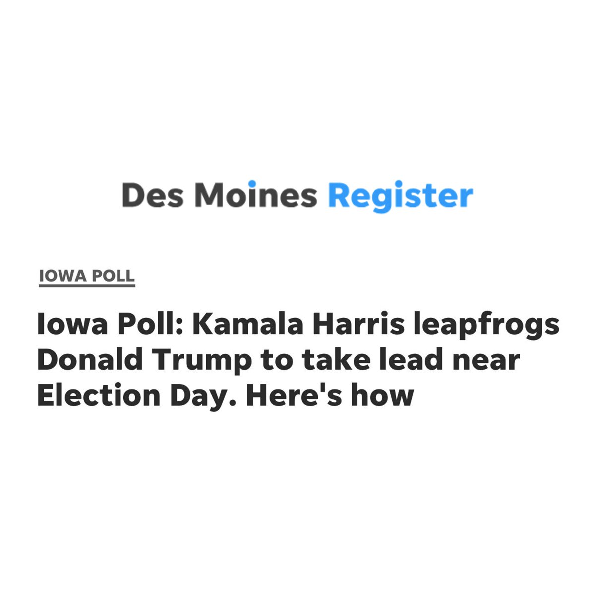 BREAKING NEWS: Harris pulls ahead in Iowa! The final poll of the election just put Kamala Harris ahead of Trump in Iowa but it’s close. Your vote matters, we need everyone voting together to send a message that Iowa is ready to turn the page. Get all the info on how to vote at
