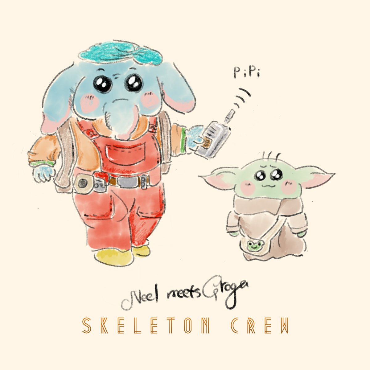 Neel meets Grogu #2

ニールと意気投合したグローグー、お互いの家族の元に合流するために旅立つのであった。終わり。
（※ 全て妄想です。）

#スケルトン・クルー #SkeletonCrew