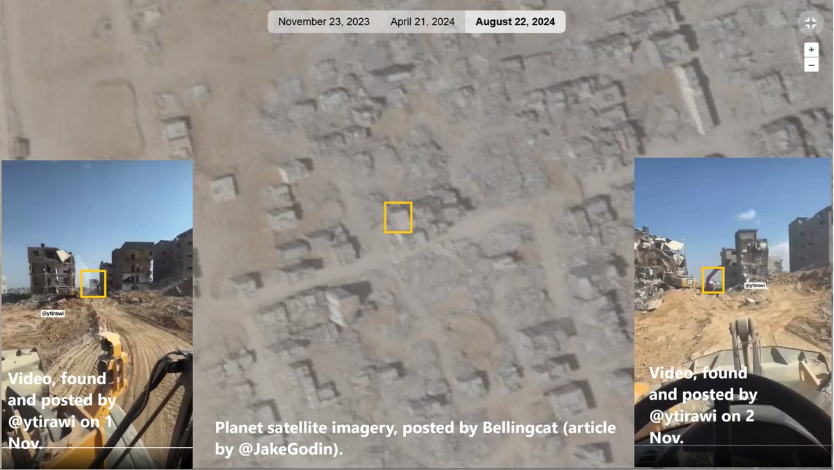 Comparing it to the previously geolocated video, a building in the background also appears to be gone.
Using the interactive map with <a href="/planet/">Planet</a> satellite imagery (22 August), published by <a href="/JakeGodin/">Jake Godin</a> from <a href="/bellingcat/">Bellingcat</a>, the building could be at 31.284343, 34.247818