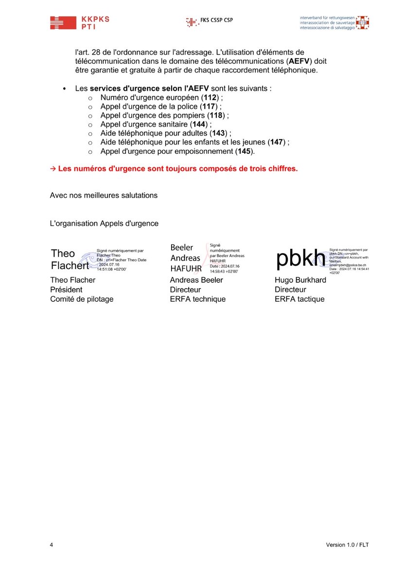 Informations du comité de pilotage de l'organisation
appels d'urgence Suisse, sur la communication du numéro d'urgence européen 112.

❌La Suisse dit non au numéro unique d'urgence européen