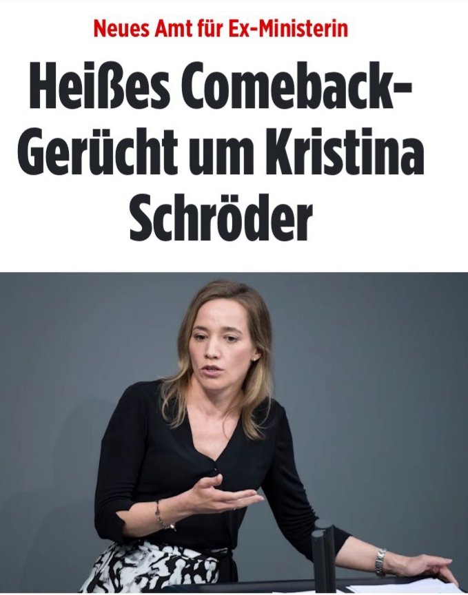 Die Frau, die selbst gegen die Frauenquote ist, aber seinerzeit nur Familienministerin wurde, weil es zwingen jemand aus Hessen sein musste und dann grandios scheiterte soll jetzt eine zweite Chance bekommen.

Frau #Schröder ist eine Mischung aus Andreas Scheuer und H.G. Maassen.