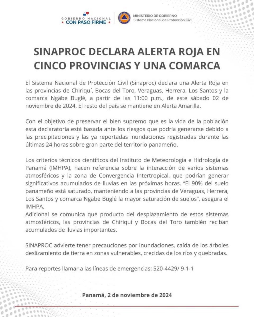 Sinaproc declara alerta Roja en cinco provincias y una comarca.