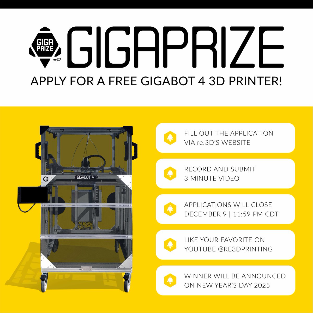 re3Dprinting's tweet photo. Gigaprize 2024 is LIVE! We’re giving away a Gigabot 4 3D printer to an individual or organization committed to making a difference in their community. For more information see our website at https://t.co/AwGlIyAADu

#DreamBigPrintHuge #3dprinting #gigabot https://t.co/9n59VcnfvO