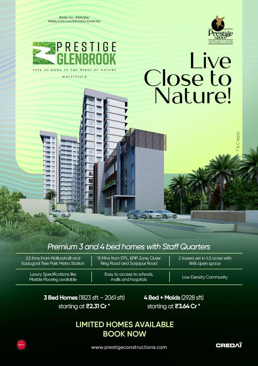 GlammZone's tweet photo. #PrestigeGlenbrook #Whitefield 3BRs (1823-2061 sft) and 4BR 2928 sft offers new big sized apartments in Whitefield. 

Follow @Glammzone for only the most premium options in #BangaloreRealEstate #WhitefieldRealEstate https://t.co/4QAfaxtjcy