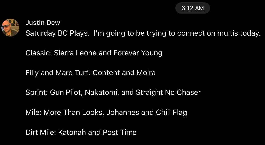 SteveSimonovic's tweet photo. The LoneSpeed  “Group Text” was on fire Saturday for the Breeders Cup. Justin Dew in particular crushed it! If you want to be a member and be a part of our “Group,” let us know! @justindew @richnilsen https://t.co/h5WDW9jYz6