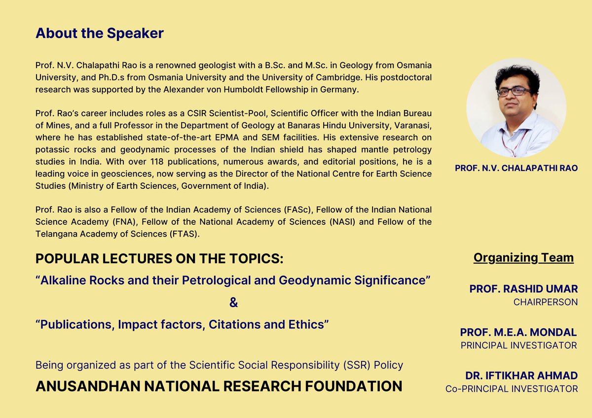 AMU_Geology's tweet photo. 📢ANNOUNCEMENT📢

Join us on 16th November 2024 for insightful popular lectures by the renowned Prof. N. V. Chalapathi Rao (@NVChalapathiRa1)! 

Mark your calendars and don’t miss this incredible opportunity to expand your knowledge and interact with a true expert! 📚👩‍🏫 https://t.co/bp5VI9lVp7