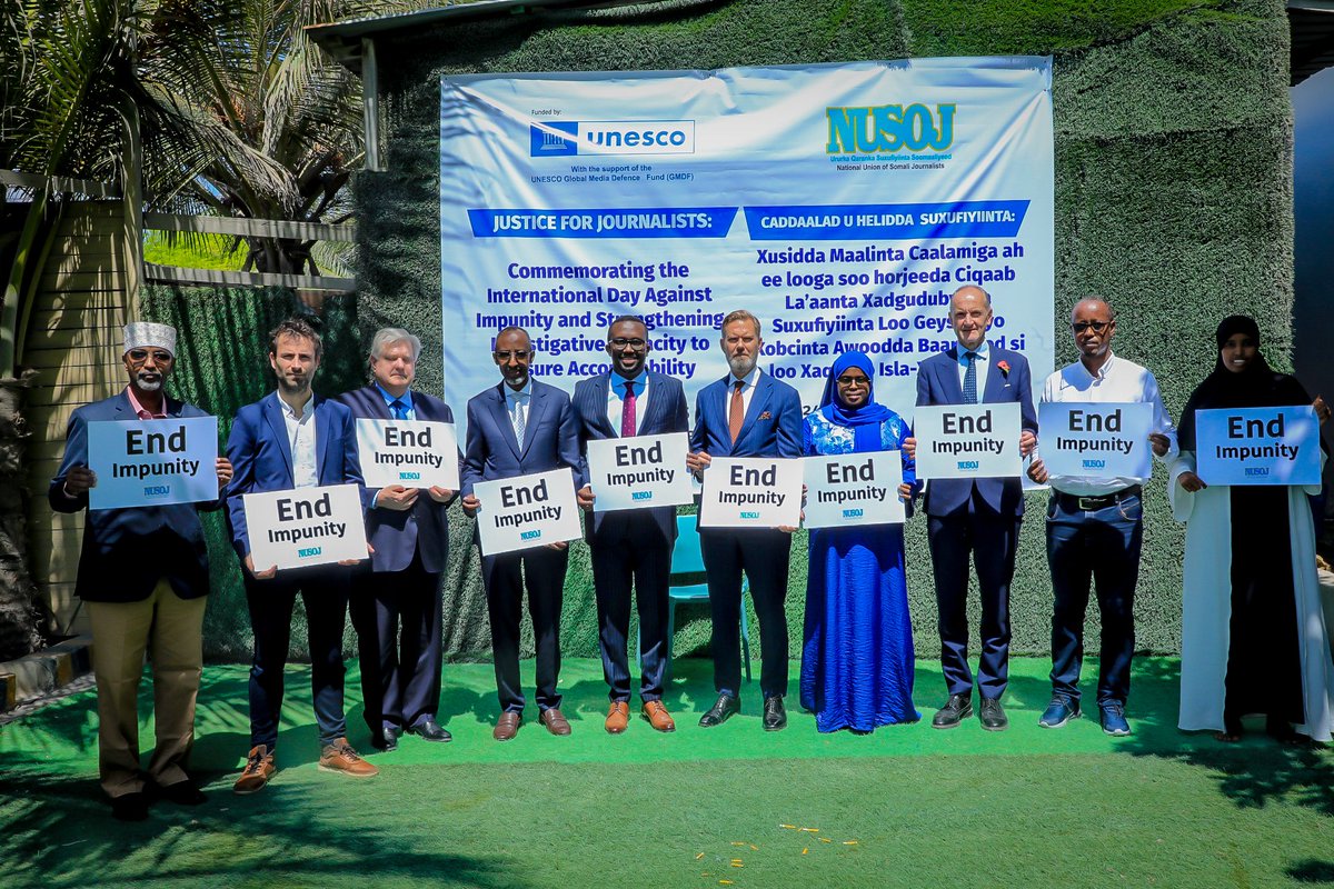NUSOJofficial's tweet photo. In a show of collective strength against impunity, Somali journalists, government and international partners have come together to push for an end to impunity through justice, accountability and media freedom. #EndImpunity #PressFreedom #ProtectJournalists #Somalia https://t.co/ENuJ5oDQNt