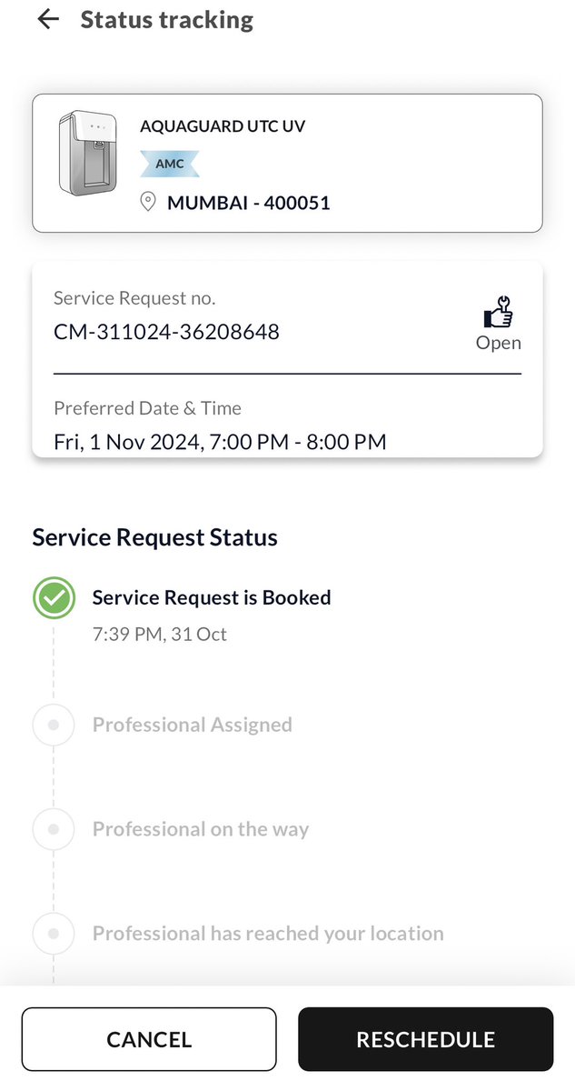 _Raddi_'s tweet photo. What is this pathetic Service @EurekaForbes ?? 
Complaint registered on 31st Oct on the app, 3 follow up calls and still no call/visit. How does one even get this issue resolved? https://t.co/U6iGOdkgwt