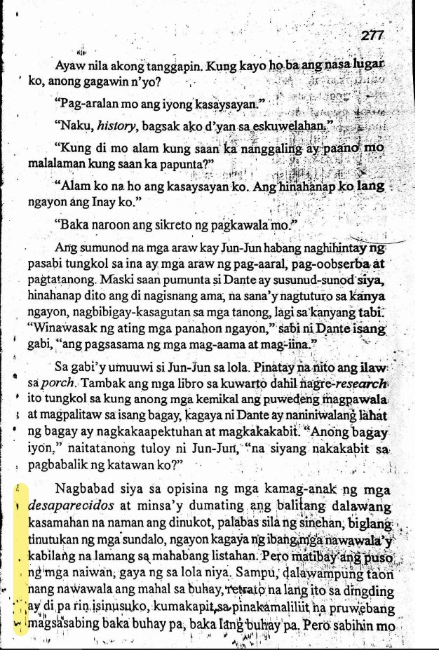 YearoftheMonSy's tweet photo. "Ikaw na ibang klase ang buhay at walang nalalaman sa mga pulitika at mga pang-aapi at pagkawala, paano kung ang asawa mo'y tinadtad na ng kaaway, pinugutan ng ulo't itinapon sa mga sulok ng maruming Maynila?"

Ricky Lee, "Kabilang sa mga Nawawala" (1988)
#SurfaceAllDesaparecidos https://t.co/TNnamLGIk7