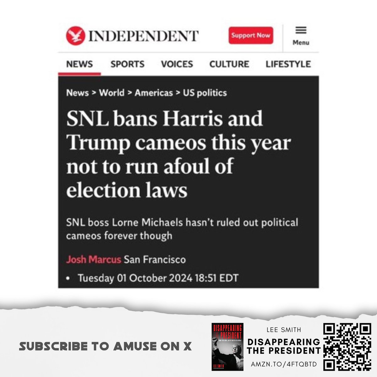 amuse's tweet photo. EQUAL ACCESS: SNL refused to allow Trump to host citing the Communications Act’s equal access rule. In a stunning reversal NBC secretly allowed Kamala Harris to host tonight to prevent Trump from demanding equal time. The FCC must revoke NBC’s license.

h/t @johnnymaga https://t.co/RD1vn6nSzP