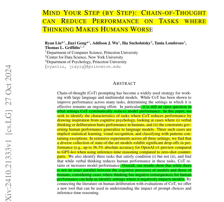 CoT prompting can actually hurt LLM performance in some tasks.

The paper shows LLMs and humans share similar limitations when forced to explain their thinking

Identifies specific scenarios where asking LLMs to explain reduces their accuracy.

i.e. When thinking out loud makes