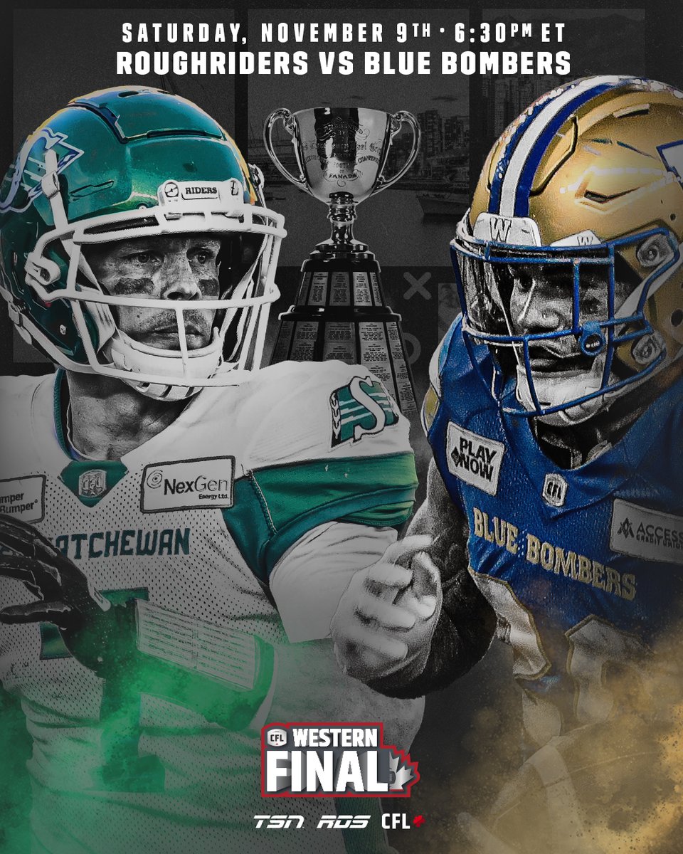 CFL's tweet photo. THE WESTERN FINAL IS SET! 🚨

@sskroughriders. @Wpg_BlueBombers. 

#GCPLAYOFFS https://t.co/oVtSk6Sywo