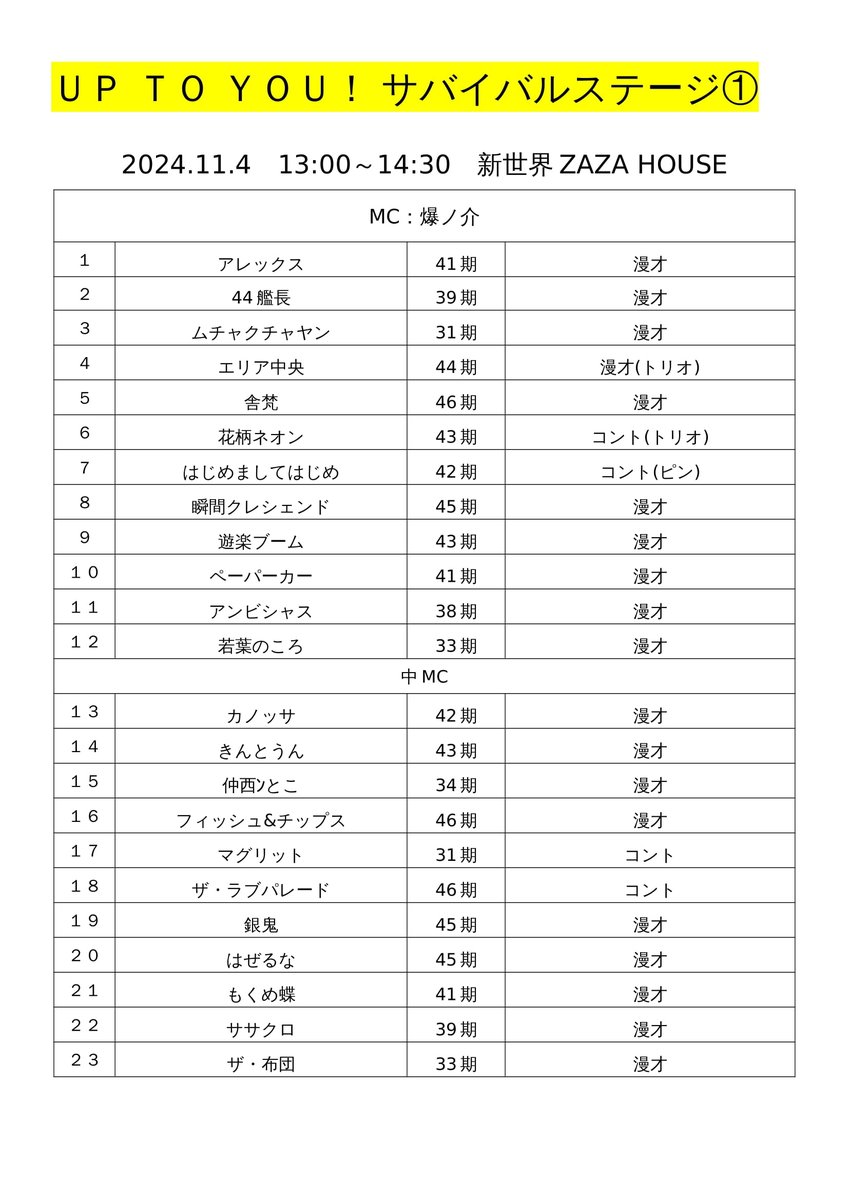 uptoyou20141201's tweet photo. 【香盤発表】
2024年11月4日(月)
「UP TO YOU！サバイバルステージ」
会場：新世界ZAZA HOUSE
①13:00開演
②1530開演
③18:00開演 https://t.co/tB95iHVa7t