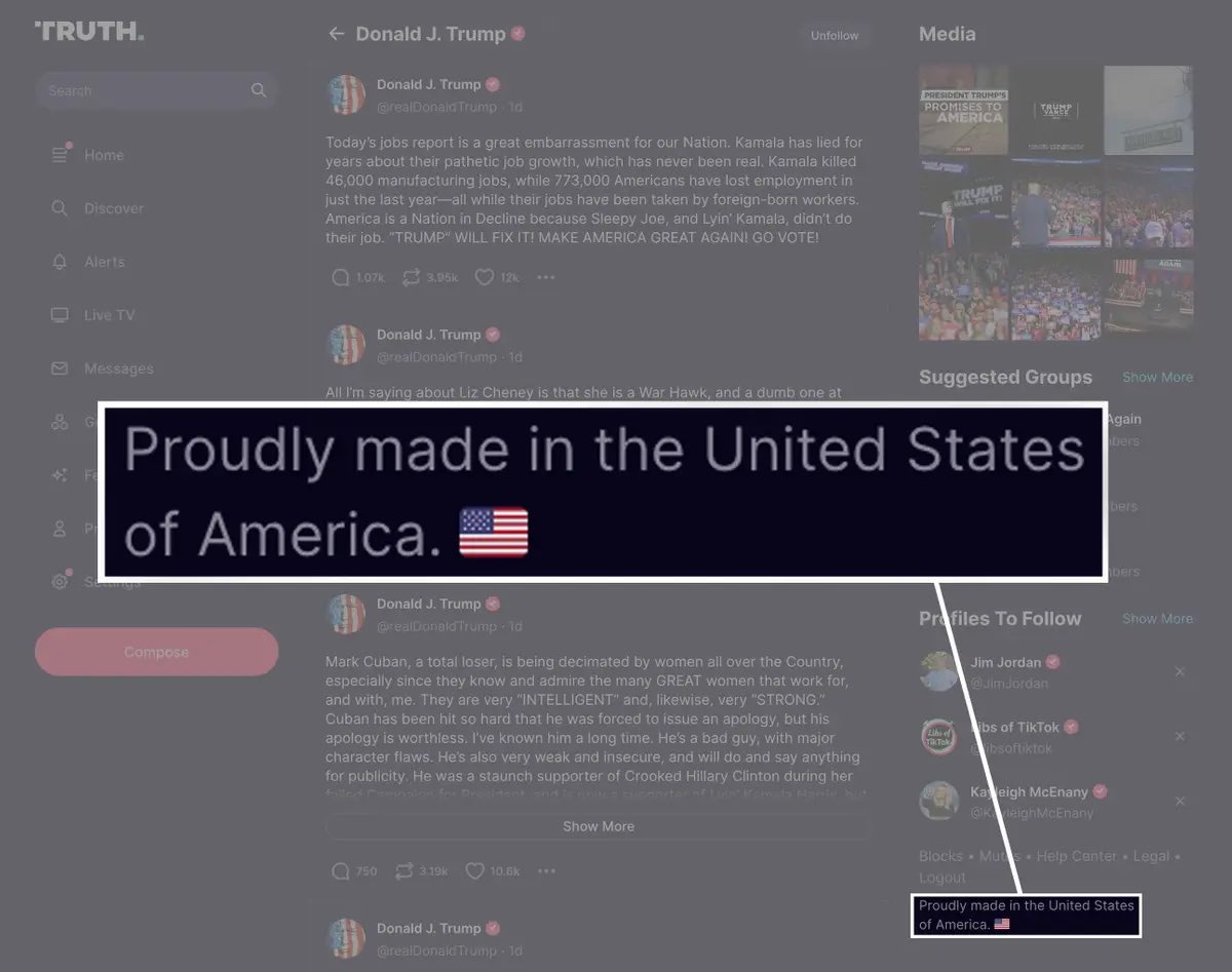 Justin Elliott (@justinelliott) on Twitter photo Truth Socialās home page says: āProudly made in the United States of America. šŗšøā
We found that in fact, Trump Media has outsourced work to foreign countries including Mexico, sparking outrage among its own staff.
propublica.org/article/donaldā¦
w/ <a href="/RobertFaturechi/">Robert Faturechi</a> <a href="/Amierjeski/">Alex Mierjeski</a> Truth Socialās home page says: āProudly made in the United States of America. šŗšøā
We found that in fact, Trump Media has outsourced work to foreign countries including Mexico, sparking outrage among its own staff.
propublica.org/article/donaldā¦
w/ <a href="/RobertFaturechi/">Robert Faturechi</a> <a href="/Amierjeski/">Alex Mierjeski</a>