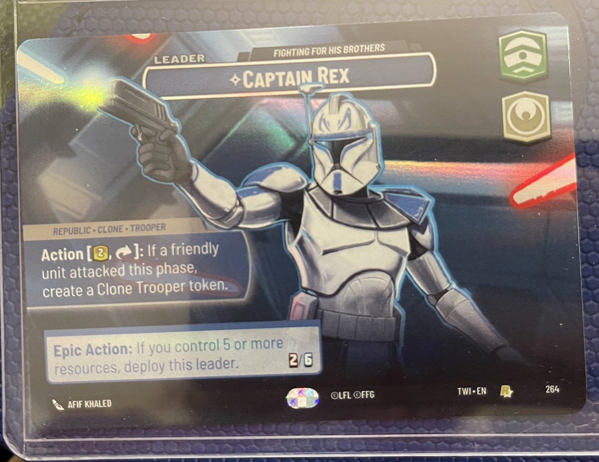 SarahTuley's tweet photo. Played in a #StarWarsUnlimited prerelease event today at a local game store and pulled a Rex showcase in my first pack! I froze and lost a little bit of deck-building time. 😂 https://t.co/r24JB2Sbka