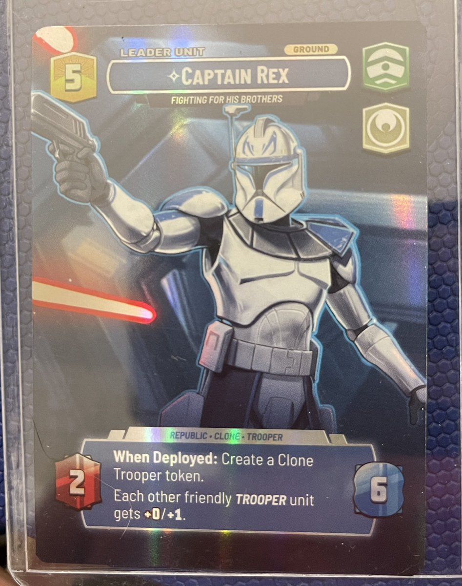 SarahTuley's tweet photo. Played in a #StarWarsUnlimited prerelease event today at a local game store and pulled a Rex showcase in my first pack! I froze and lost a little bit of deck-building time. 😂 https://t.co/r24JB2Sbka