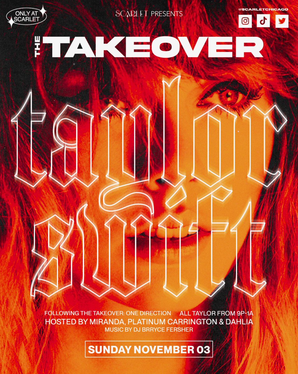 Sunday 11/3 - Following One Direction it’s THE TAKEOVER: TAYLOR SWIFT! 9pm to 1am all <a href="/taylorswift13/">Taylor Swift</a>! Hosted by <a href="/thequeenplat/">platinum carrington</a>, Dahlia, and <a href="/justmirandachi/">mirandachicago</a>, music by DJ <a href="/brrycefersher/">Brryce Fersher</a>!
