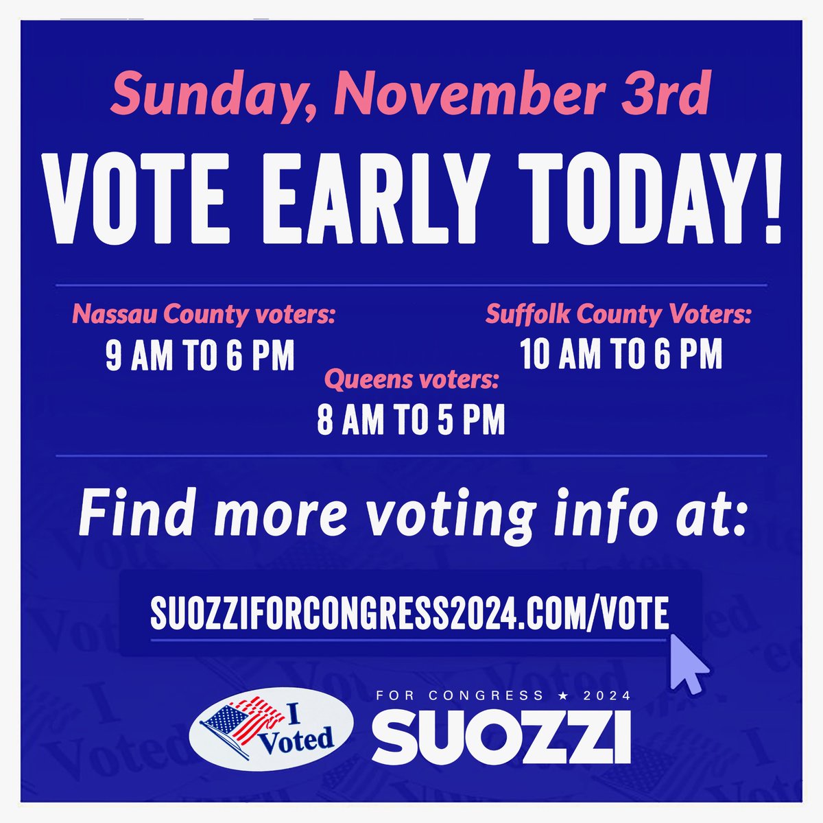 Tom_Suozzi's tweet photo. Today is the last day for early voting! Vote today or vote on Election Day, Tuesday, November 5th.
Polls are open today in Queens until 5 PM and in Nassau and Suffolk until 6 PM. Be part of the change and #LetsFixThis #Suozzi2024 https://t.co/YgkkWplpCs