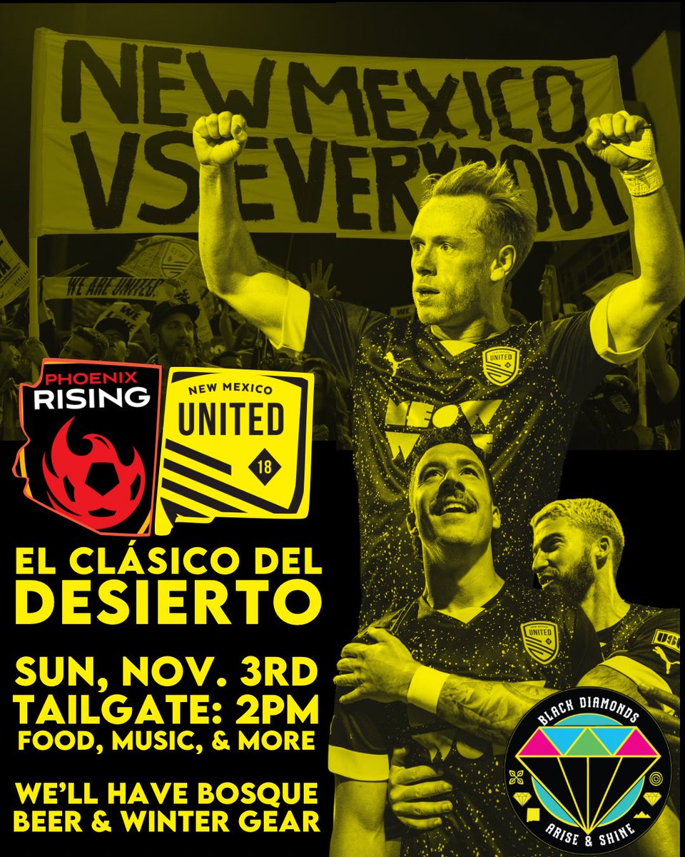 Black Diamonds (@blackdiamondsnm) on Twitter photo EL CLÁSICO DEL DESIERTO!
Let’s Get Fired Up, New Mexico 🔥
Sunday, Join Us At The Tailgate Spot
With <a href="/TheCurseNM/">The Curse ↙️↙️↙️</a> @Galactic_Amb
La Maldicion
2pm-Til .. Food, Drinks, Music, & More
#BlackDiamondsNewMexico
Photo: <a href="/NewMexicoUtd/">New Mexico United</a> EL CLÁSICO DEL DESIERTO!
Let’s Get Fired Up, New Mexico 🔥
Sunday, Join Us At The Tailgate Spot
With <a href="/TheCurseNM/">The Curse ↙️↙️↙️</a> @Galactic_Amb
La Maldicion
2pm-Til .. Food, Drinks, Music, & More
#BlackDiamondsNewMexico
Photo: <a href="/NewMexicoUtd/">New Mexico United</a>