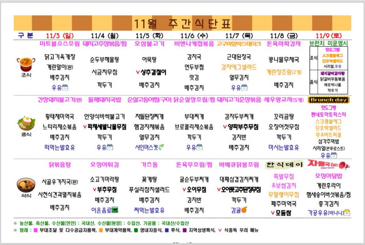 _jjeongjjh's tweet photo. 11월 첫째주의 재현이 식단표🍚🥄🥢
+ 재프 아점저메추 https://t.co/TqMY7fe7ui