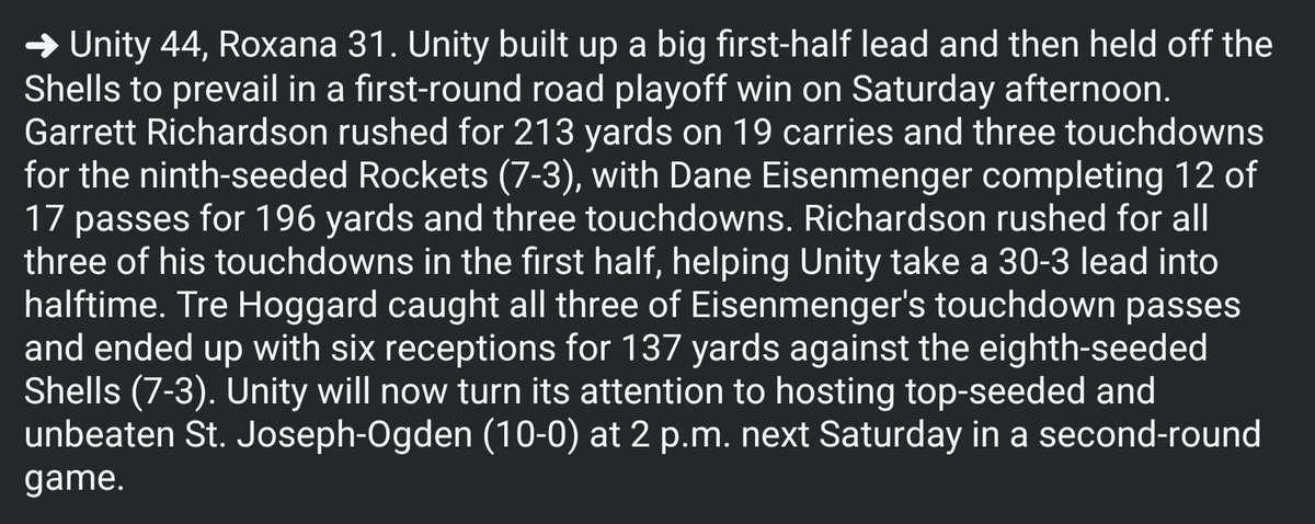jadenldene's tweet photo. Great game today, boys! Our offense and defense played great. The scoreboard doesn't reflect that we pulled starters for other players. They earned those late-game reps, and I'm glad they played. Now we're set for a rematch with St. Joe, who beat us with a field goal with only seconds left earlier this season to win by 1 point.

@braydenhenry07 @Bradyja7 @bromz2007 @TJHenry1116 @Dan3isenmenger @oliver_rawl13 @Garrett35811640 @keegangermano21  @TreHoggie @Colesonm07 

@UnityFootball @UnityRockets @UnitySportsPage @PrepRedzoneIL @sixstarfootball @IVHSSports @IlliniPrairie @NUICFootball @ThrowItDeep @CILFootball