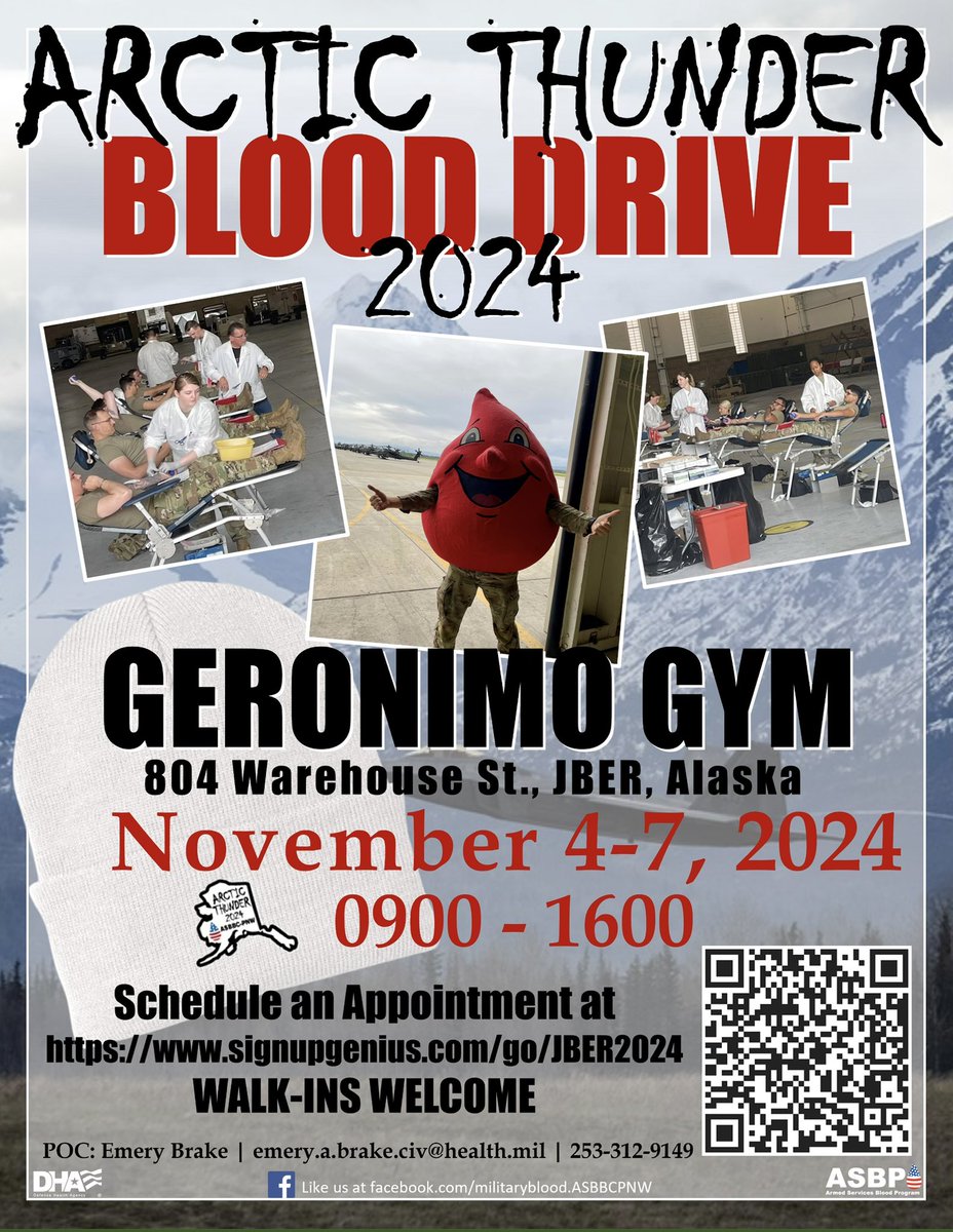 🩸 Calling all heroes at Joint Base Elmendorf-Richardson! We’re hosting a blood drive Nov 4-7, and your donation can make a life-saving difference. Share this with your friends, family, and teammates—let’s show the power of our community! Check out the flyer for all the details!