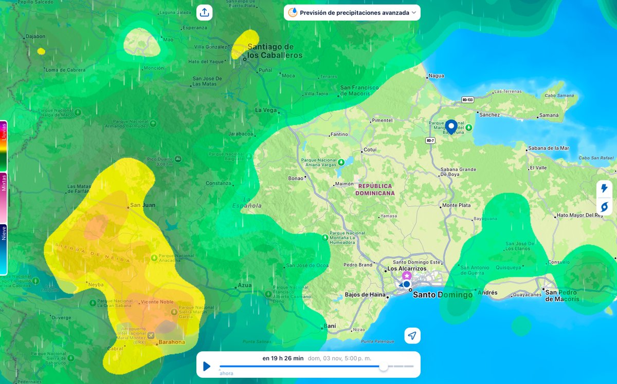 Osirisdleon's tweet photo. En la tarde de mañana domingo lluvias en SDomingo, Haina, BChica, MPlata, VAltagracia, Bonao, La Vega, Jarabacoa, Constanza, Maimón, Cotuí, VRiva, Nagua, RSJuan, Santiago, Barahona, VNoble, Tamayo, Neiba, San Juan, Ocoa, HMayor, El Seibo, Miches. https://t.co/on17WD7ADC