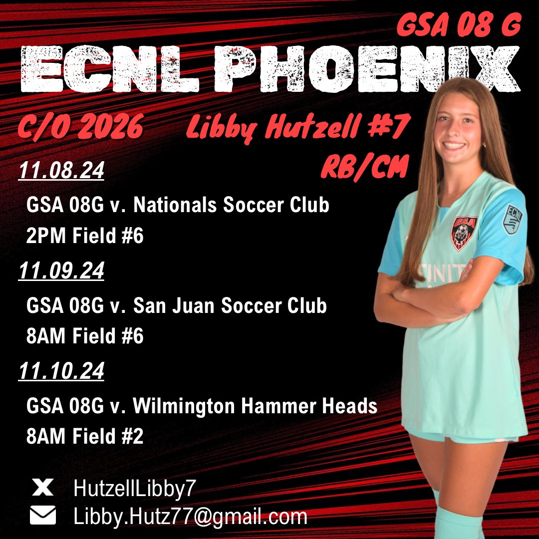 Headed to ECNL Phoenix next week! Hope to see you at our games. 🔥
All games played at Reach 11 Sports Complex‼️
<a href="/GSA08GECNL/">GSA 08G ECNL</a> 
<a href="/ImCollegeSoccer/">College Soccer Truth ™</a> <a href="/ImYouthSoccer/">ECNL/GA/Recruiting/College Soccer</a> <a href="/ECNLgirls/">ECNL Girls</a> <a href="/TopDrawerSoccer/">TopDrawerSoccer</a> <a href="/TheSoccerWire/">SoccerWire</a>