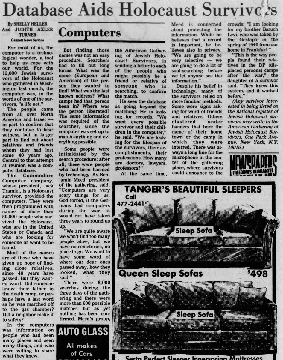 Benjamin Mead organized a Holocaust Gathering event at the Washington, D.C. Convention Center from April 11-14, 1983 that was attended by 15,000. #Commodore provided PET computers for the event and created a database to allow survivors to search for family members.