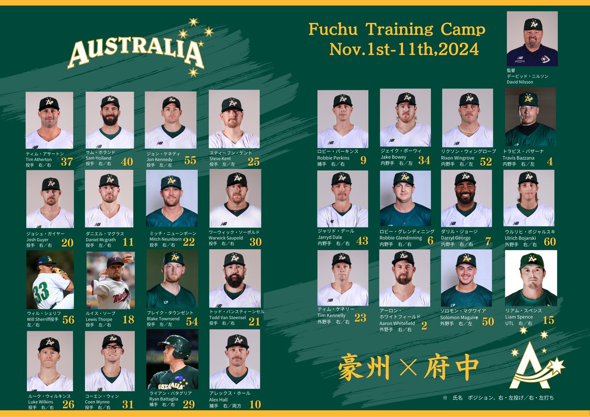 sports_fuchu's tweet photo. 本日(11/3)、12:30〜府中市民球場にて、オーストラリア🇦🇺vsエイジェックを開催します‼️
12:00からキャンプインセレモニーも行いますので、ぜひお越しください‼️
#TeamAustralia #fuch #府中市
https://t.co/xd8wXTTyBR https://t.co/qS0GTDTgDa