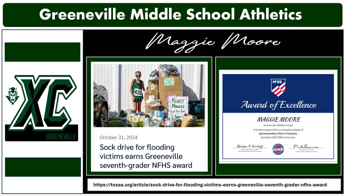 jeremy simerly (@jeremy_simerly) on Twitter photo GMS Athletics, Cross Country
GMS Student Athlete, Maggie Moore continues to do BIG things.
Check out the article on TSSAA.
Maggie recently received the NFHS Award of Excellence for exemplary display of sportsmanship, ethics, & integrity.
<a href="/racheladamstn/">Dr. Rachel Adams</a> <a href="/CoachMcCall65/">Andy McCall</a> <a href="/Lenkergms/">Laura Lenker</a> GMS Athletics, Cross Country
GMS Student Athlete, Maggie Moore continues to do BIG things.
Check out the article on TSSAA.
Maggie recently received the NFHS Award of Excellence for exemplary display of sportsmanship, ethics, & integrity.
<a href="/racheladamstn/">Dr. Rachel Adams</a> <a href="/CoachMcCall65/">Andy McCall</a> <a href="/Lenkergms/">Laura Lenker</a>