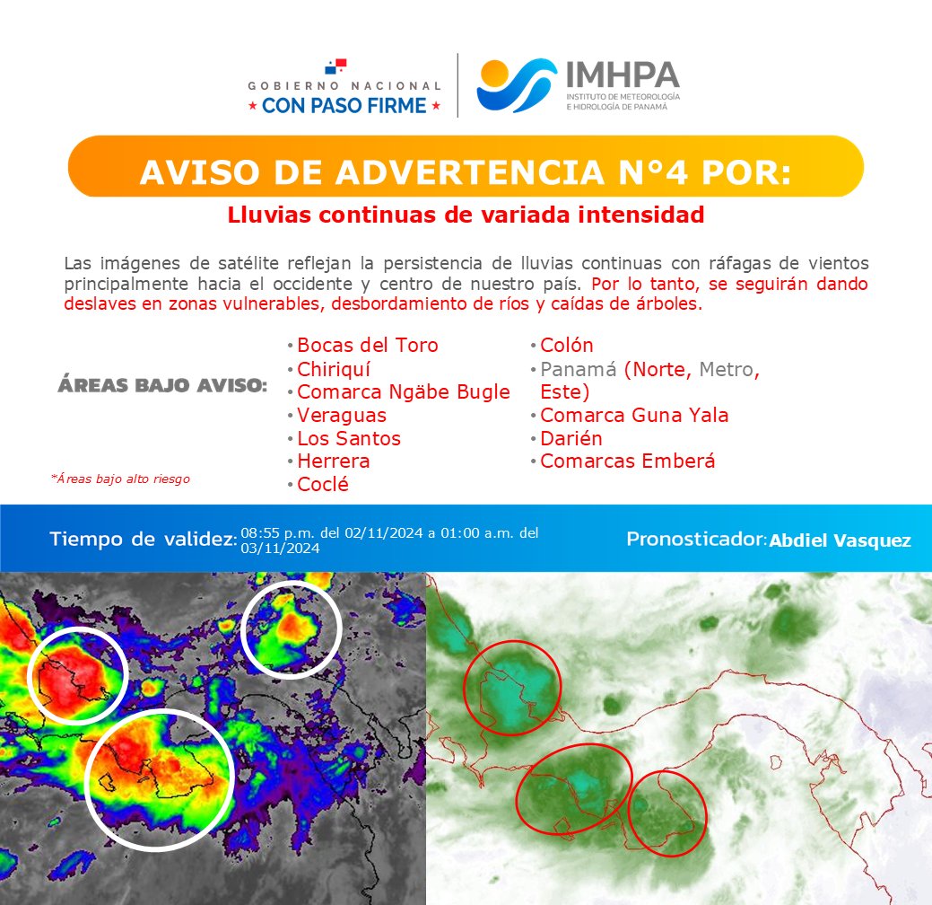 imhpapma's tweet photo. 📣Siguen las lluvias. Aviso de Advertencia N°4 por lluvias continuas de variada intensidad. Se prevén  deslaves, desbordamientos de ríos  y caídas de árboles en zonas vulnerables. No se exponga⛈️ @Sinaproc_Panama @BCBRP @MeducaPma @MinGobPma @MIDAPma @SertvNoticias @SENANPanama https://t.co/acnCk2VQj5