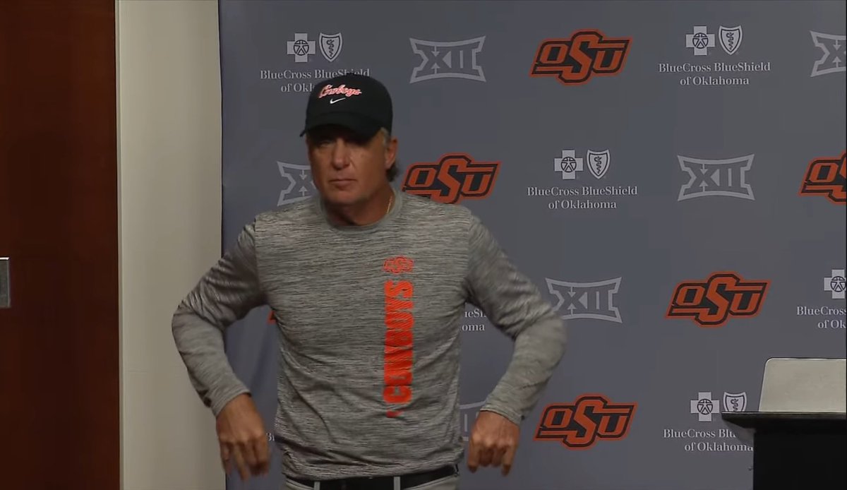 Carson_OKC's tweet photo. . @MarshallScottOK asks why OSU isn’t using Nardo’s preferred 3-down linemen. Gundy wandered over to Marshall as he asked (?), seemed unsure how to answer, said they don’t have enough LBs. You could tell he knew his answer was an indictment of the roster, handcuffed DC he hired. https://t.co/5eEkggmi3h