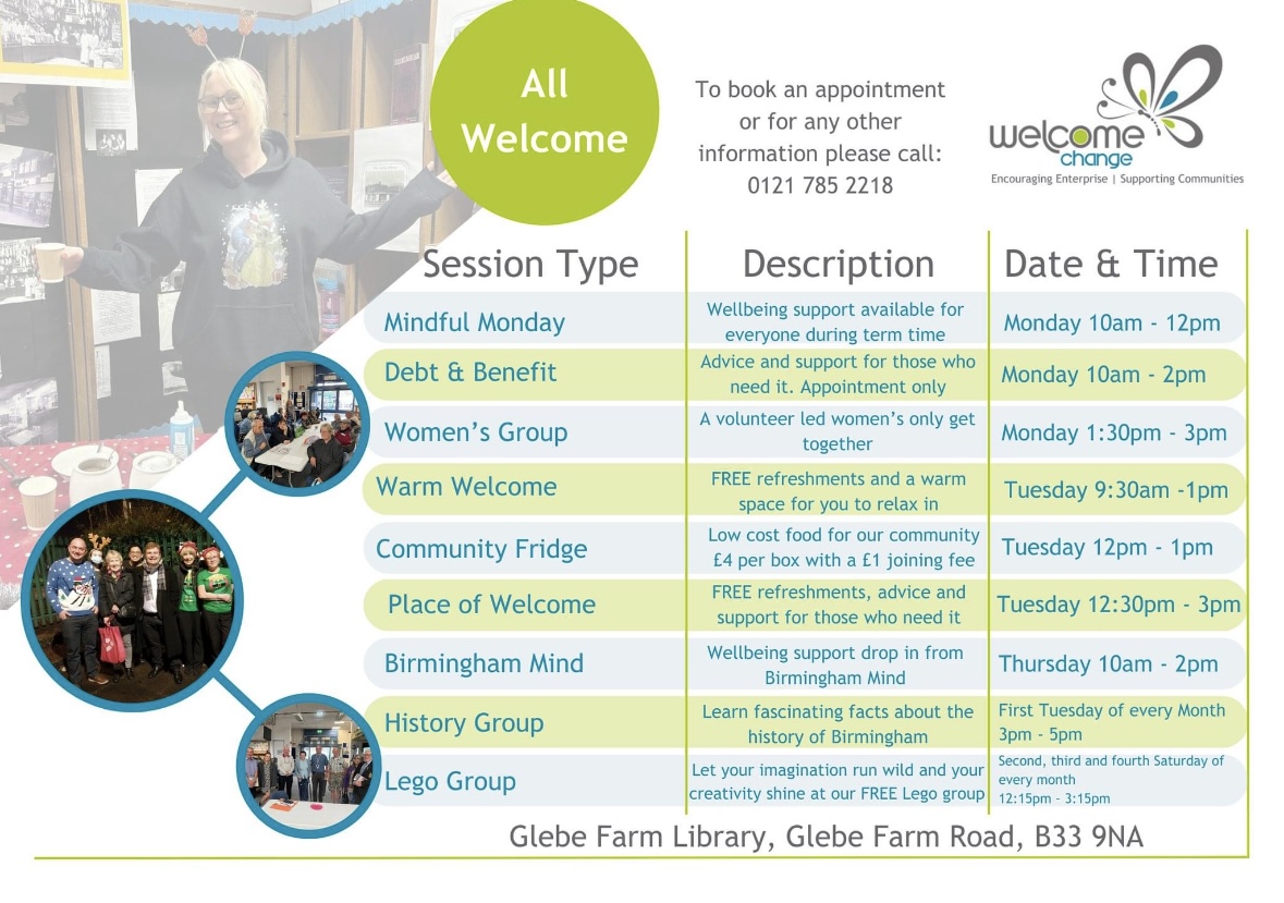ShardEndWMP's tweet photo. Shard End Neighbourhood Team, keeping the community informed of events, outreach and support; this week with details of the brilliant support coming up at #WelcomeChange. Take a look at what's available, better yet, drop in and meeting the amazing team! #ShardEnd #WMP #Community https://t.co/pFiOHoywu5