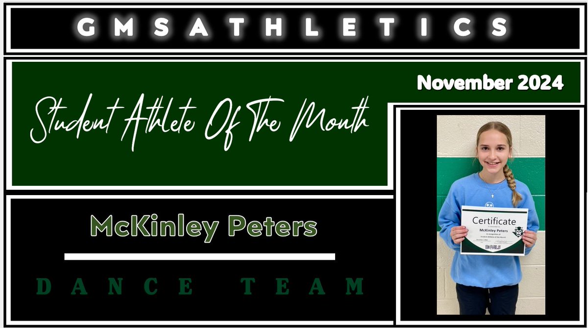 GMS Athletics
Student Athlete of the Month
November 2024
Dance Team, McKinley Peters
Go Devils! #RISEasONE #WEoverME
<a href="/racheladamstn/">Dr. Rachel Adams</a> <a href="/CoachMcCall65/">Andy McCall</a> <a href="/gmsdevilsdance/">GMSdanceteam</a>