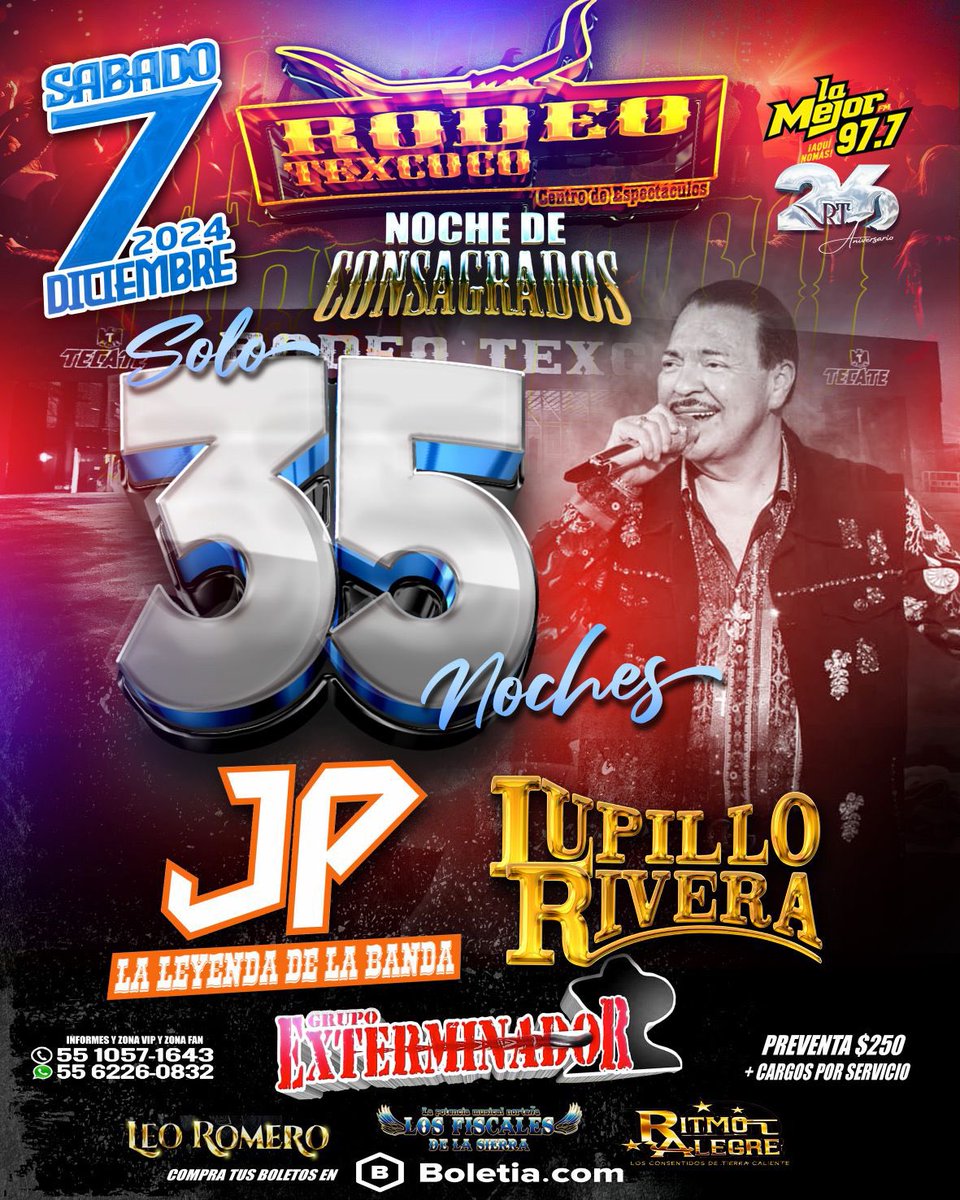 “La Leyenda de la banda” “El icono de Mazatlán” <a href="/Julio_Preciado_/">Julio_Preciado_</a> 
Regresa a #rodeotexcoco con UNA NOCHE de “CONSAGRADOS” artistas que han destacado en el Regional mexicano. 

Además LUPILLO RIVERA @ GRUPO EXTERMINADOR 

⬇️BOLETOS⬇️
…preciado-en-rodeo-texcoco.boletia.com