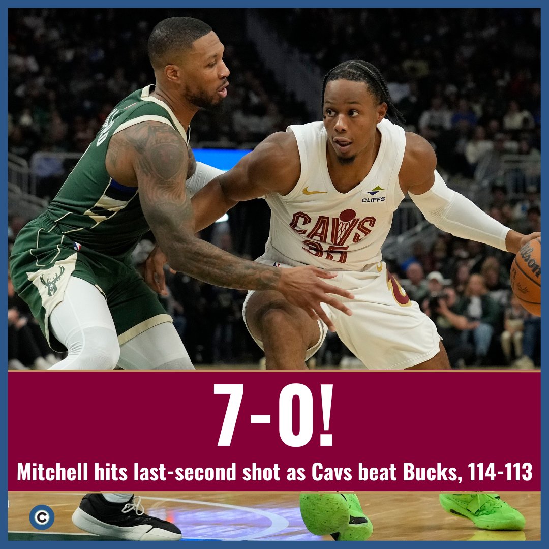 clevelanddotcom's tweet photo. WHAT A WIN! Donovan Mitchell hits a last-second shot to push the Cavs past the Bucks, 114-113. Photo: Getty Images https://t.co/f1BaX7BTn9