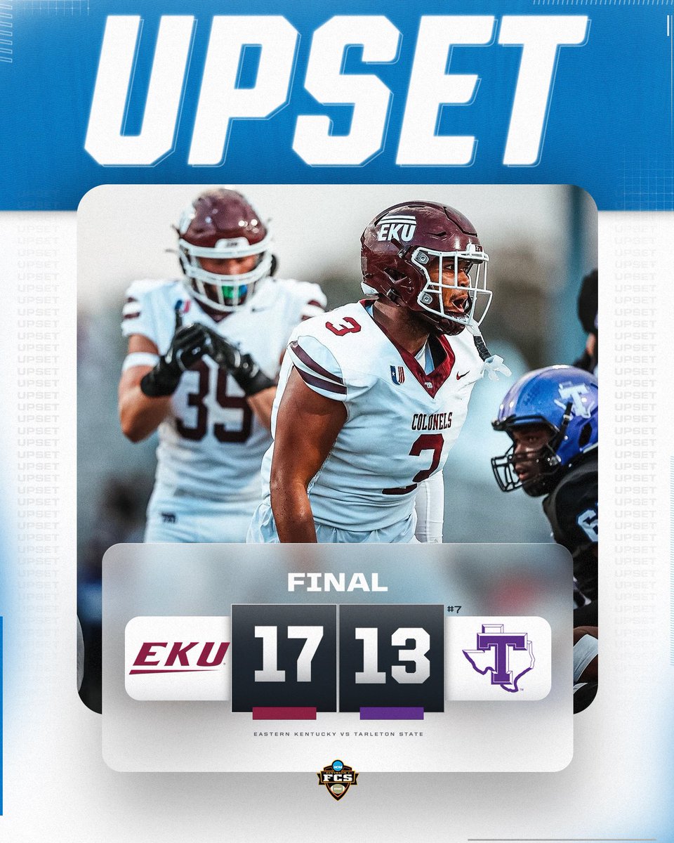 NCAA FCS Football (@ncaa_fcs) on Twitter photo The Colonels come through βΌοΈ
<a href="/EKUFootball/">EKU Football</a> upsets No. 7 Tarleton State, 17-13.
#FCS The Colonels come through βΌοΈ
<a href="/EKUFootball/">EKU Football</a> upsets No. 7 Tarleton State, 17-13.
#FCS