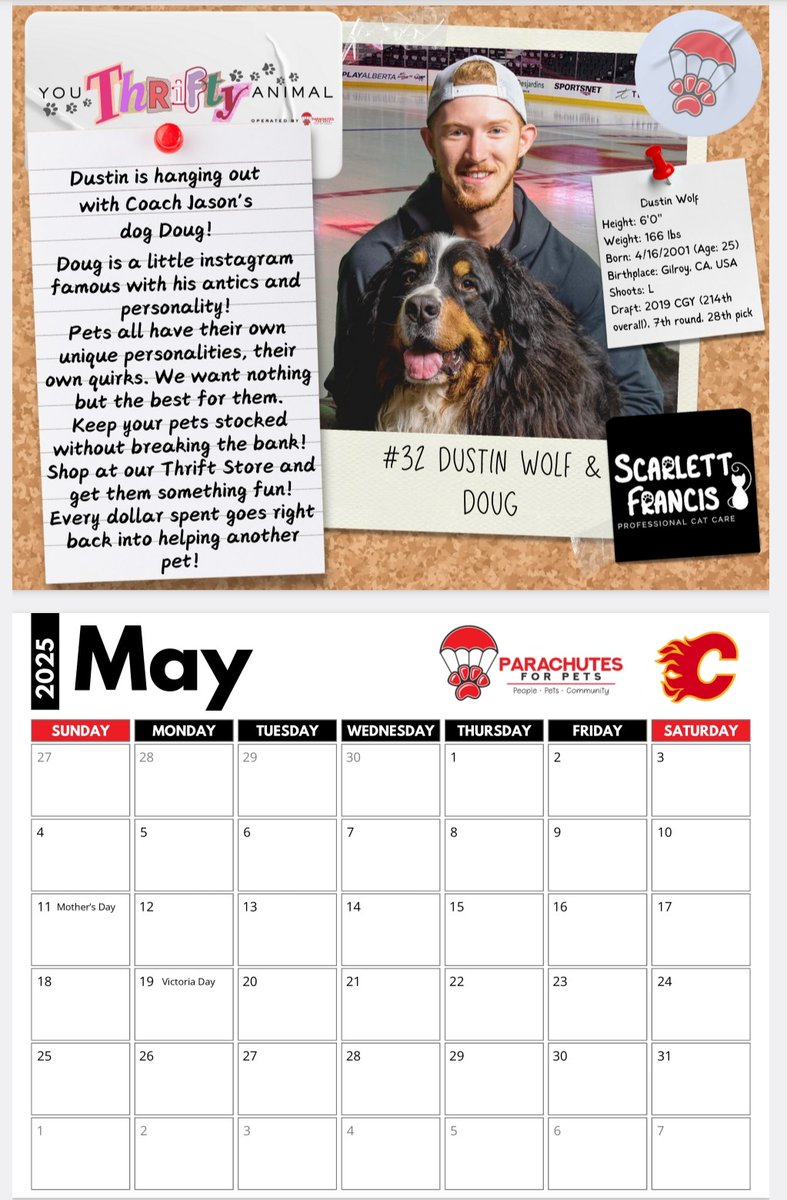 Have you pre-ordered your PFP/<a href="/NHLFlames/">Calgary Flames</a> charity calendar yet? All proceeds will be directed to vital PFP programs!

May features the famous Doug Labarbera <a href="/KodetteLaBarbs/">Kodette Krenz</a>
And #dustinwolf ! This will make a great Christmas gift 🎁 

parachutesforpets.com/product/2025-c…

<a href="/cmcalgary/">cm</a>