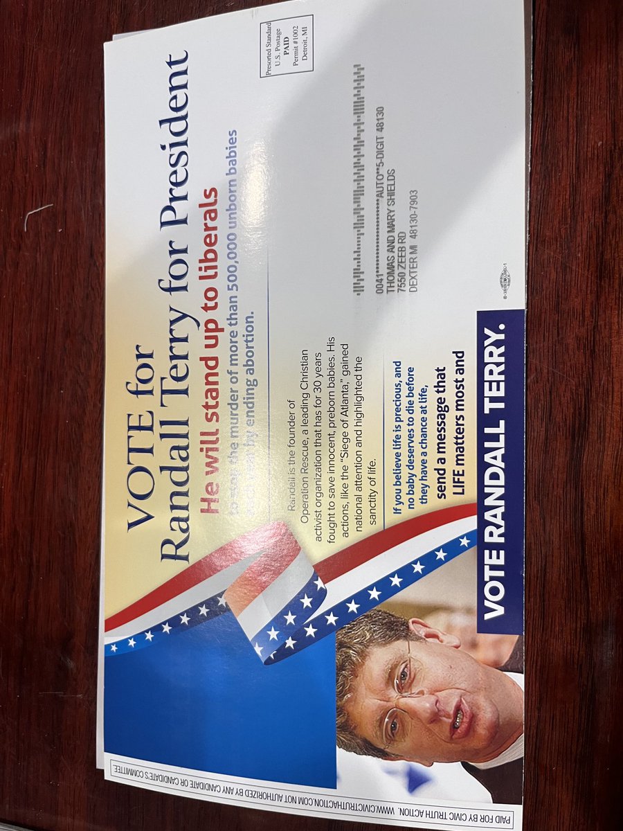 Third mailing this week pushing Randall Terry as the only candidate who will fight against abortion. Sent by a liberal group of Dem. Operatives running the Civic Truth Action political action committee. Kamala is getting real desperate. #civictruthaction ⁦<a href="/realDonaldTrump/">Donald J. Trump</a>⁩