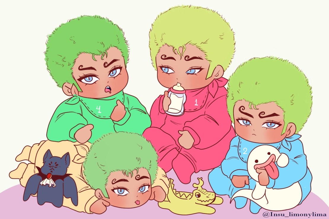 Insu_limonylima's tweet image. Sanji tuvo cuatrillizos idénticos por lo que tuvieron que asignarles un color y un número para no confundirlos.

Con el paso de los meses sus cabelleras fueron tomando distintos tonos de verde, cada uno tiene una personalidad distintas, Zeff los llama Guisantes ¿ JSJSJS nose