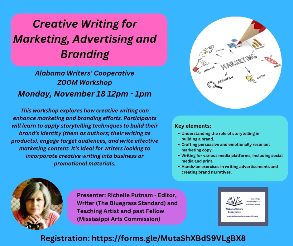 Don't miss out! Upcoming Zoom Workshop on Monday, November 18th from 12-1pm! Creative Writing for Marketing, Advertising, and Branding with Richelle Putnam. Free for paid AWC Members. Register at: forms.gle/MutaShXBdS9VLg… #writers #writingworkshop #virtual #zoomworkshop